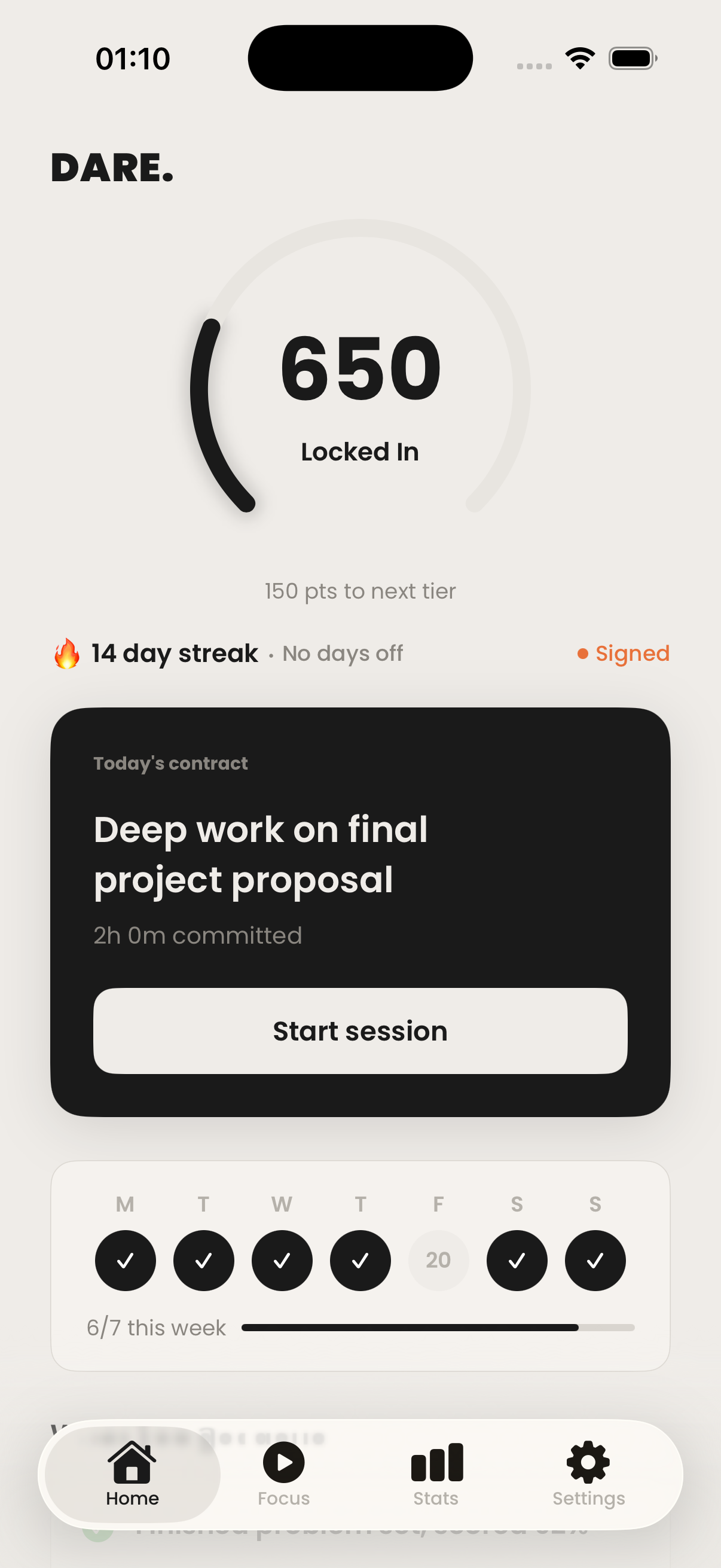 DARE. app home screen showing 650 DARE Score, daily contract, and weekly calendar